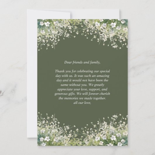 Delicate Floral Olijfgroen bruiloft Dank u kaart (Achterkant)