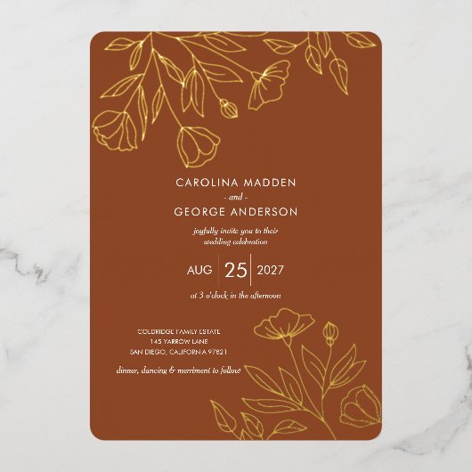 Delicate floral outlines Wedding Foil Invitation Folie Uitnodiging (Voorkant)