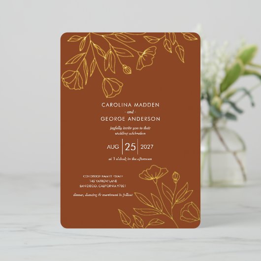 Delicate floral outlines Wedding Foil Invitation Folie Uitnodiging (Staand Voorkant)