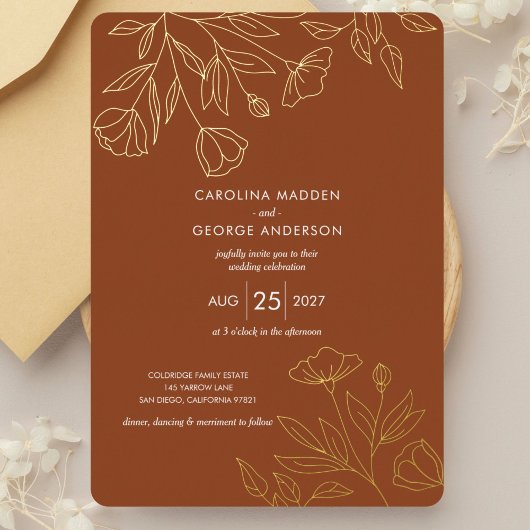 Delicate floral outlines Wedding Foil Invitation Folie Uitnodiging