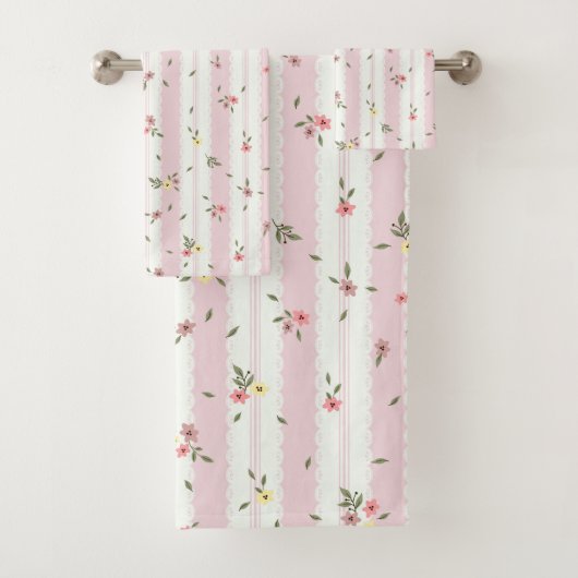 Delicate Floral Patroon Roze Badhanddoek Set Bad Handdoek (Insitu)