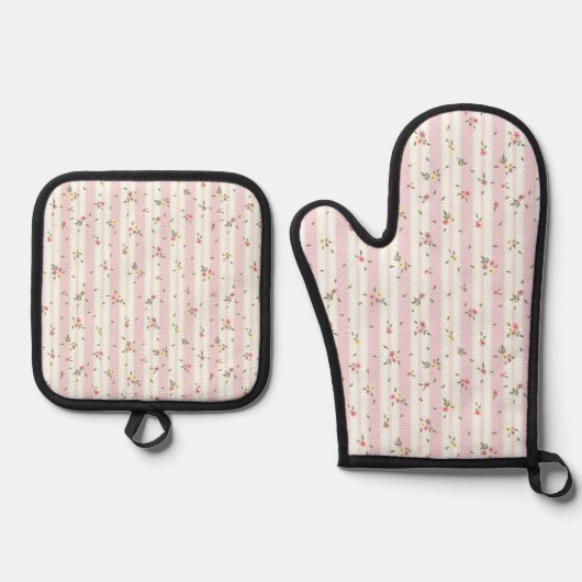 Delicate Floral Patroon Roze Mitt & Pot Houder Set (Voorkant)