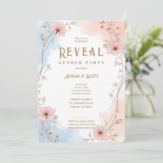 Delicate Floral Pink & Blue Shades Gender Reveal Kaart (Staand voorkant)