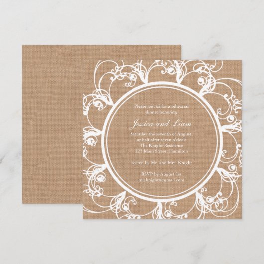 Delicate Floral repesal Dinner Invite op burlap Kaart (Voorkant / Achterkant)