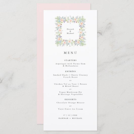 Delicate Floral waterverf Wedding Breakfast Menu (Voorkant / Achterkant)