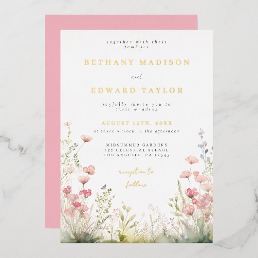 Delicate Floral Wedding Folie Invitation Uitnodiging (Voorkant / Achterkant)
