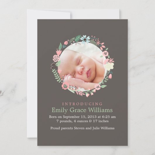 Delicate Floral Wreath Birth Announements Aankondiging (Voorkant)