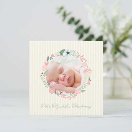 Delicate Floral Wreath Christening Kaart (Staand voorkant)
