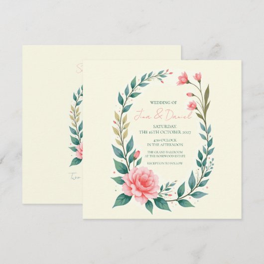 Delicate Floral Wreath Invitation Kaart (Voorkant / Achterkant)
