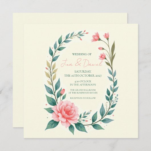Delicate Floral Wreath Invitation Kaart (Voorkant / Achterkant)