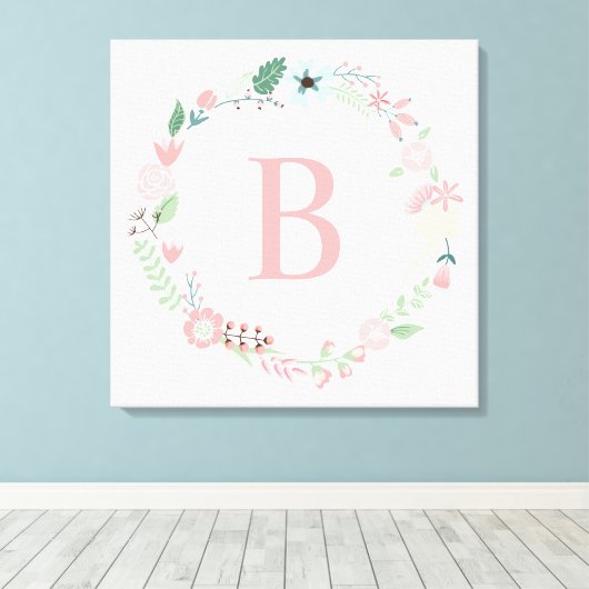 Delicate Floral Wreath Monogram Canvas Afdruk (Insitu (Houten vloer))