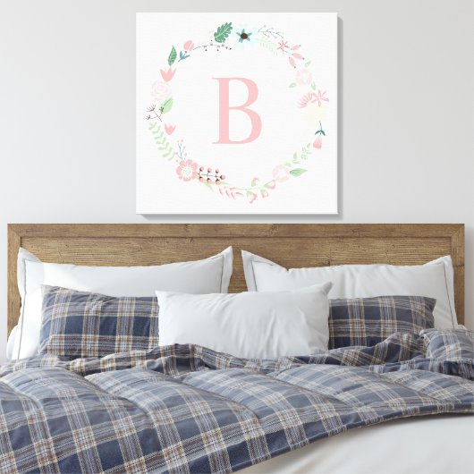 Delicate Floral Wreath Monogram Canvas Afdruk (Insitu (Slaapkamer))