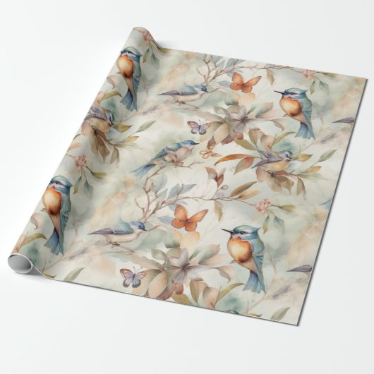 delicate florale achtergrond met vogels cadeaupapier (Uitgerold)
