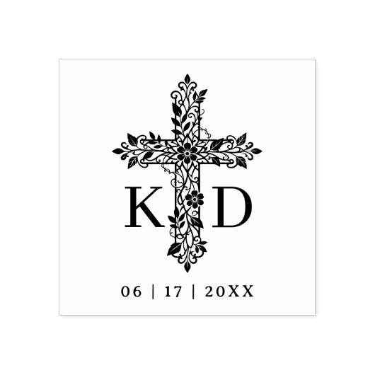 Delicate Flourish Christian Cross Wedding Initials Rubberstempel (Afrduk)