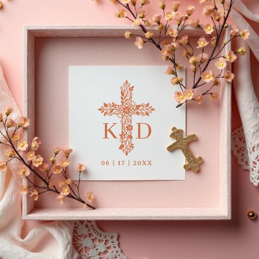 Delicate Flourish Christian Cross Wedding Initials Rubberstempel