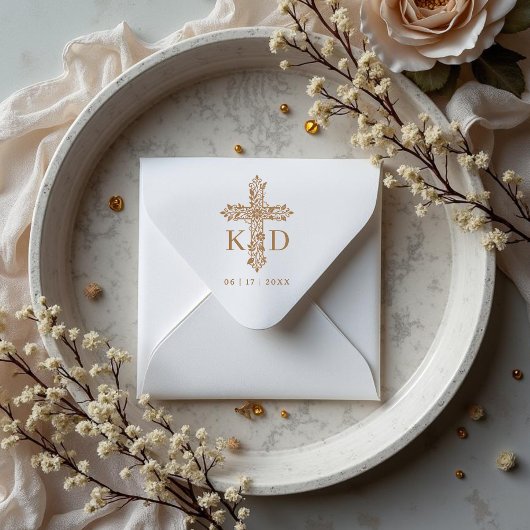 Delicate Flourish Christian Cross Wedding Initials Rubberstempel