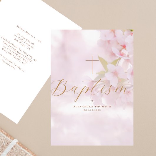 Delicate Flowers Gold Calligraphy Cross Baptism Kaart