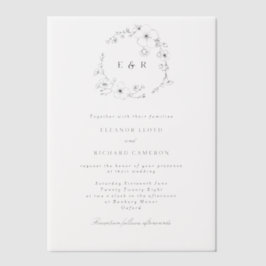 Delicate formele monogram bloemenkrans bruiloft vellum uitnodigingen