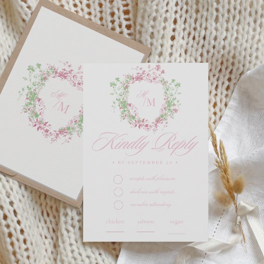 Delicate Franse Flora Crest Trouwdag RSVP Kaartje