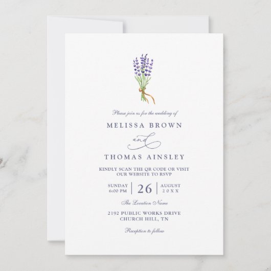 Delicate French Lavender Elegant QR Code Wedding Kaart (Voorkant)