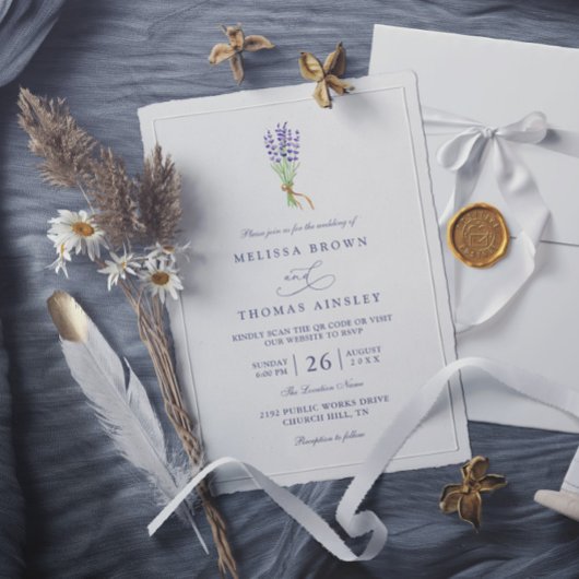 Delicate French Lavender Elegant QR Code Wedding Kaart