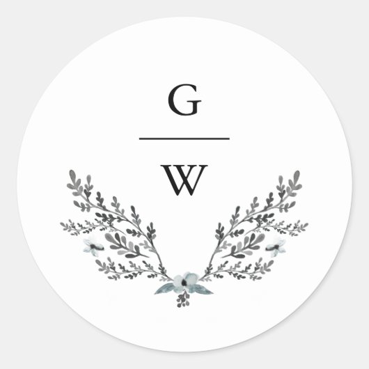 Delicate gebladerte en monogram bruiloft ronde sticker (Voorkant)