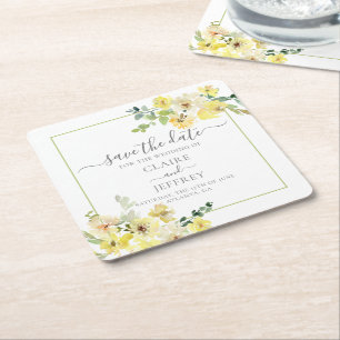 Delicate Gele Bloemige Salie Groene Save the Date Kartonnen Onderzetters