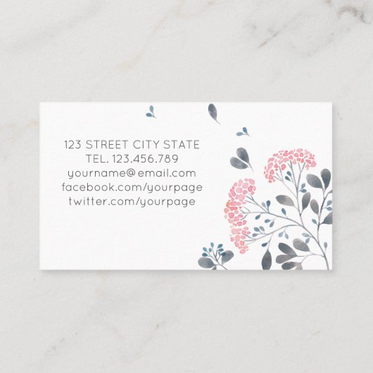 Delicate girly roze grijs waterverf bloemen schoon visitekaartje (Achterkant)