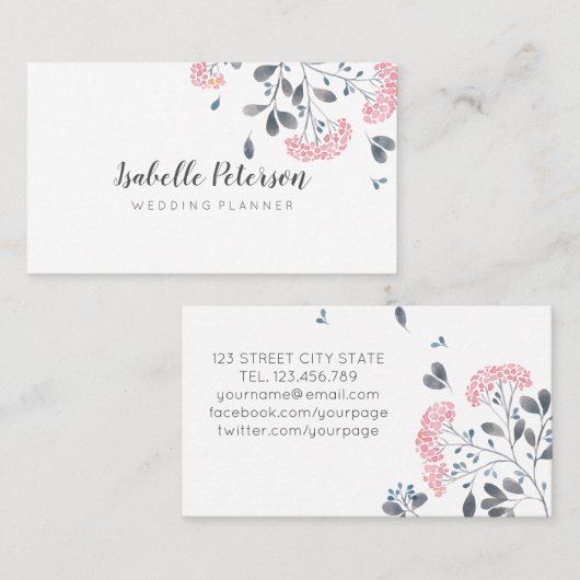 Delicate girly roze grijs waterverf bloemen schoon visitekaartje (Voorkant / Achterkant)
