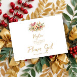Delicate Glam Christmas Floral Gold Bloemenmeisje<br><div class="desc">Delicate Glam Christmas Bloemen Boeket in Faux Gold Bloemenmeisje Trouwvoorstellen Kaarten. Voeg een vleugje kerstelegantie toe aan uw bloemmeisjesvoorstel met onze kaarten, met een charmant bloemenboeket in feestelijke tinten versierd met subtiele nepgouden accenten. Dit elegante en feestelijke ontwerp legt de essentie van het seizoen vast zonder openlijk kerstthema te zijn,...</div>