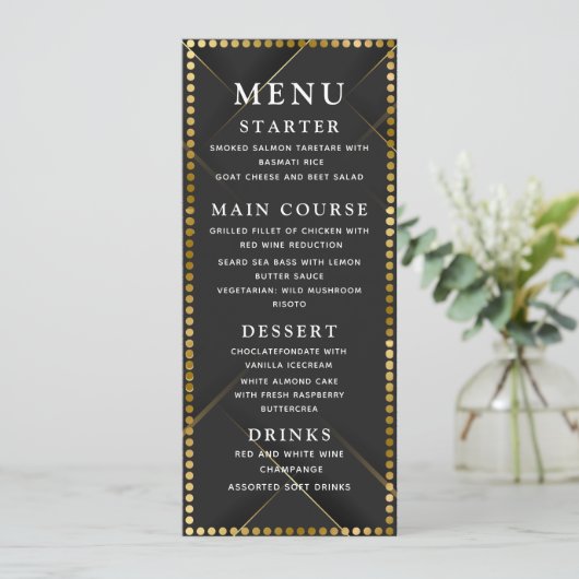 Delicate Gold and Black Wedding Dinner Menu (Staand voorkant)