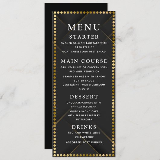 Delicate Gold and Black Wedding Dinner Menu (Voorkant / Achterkant)