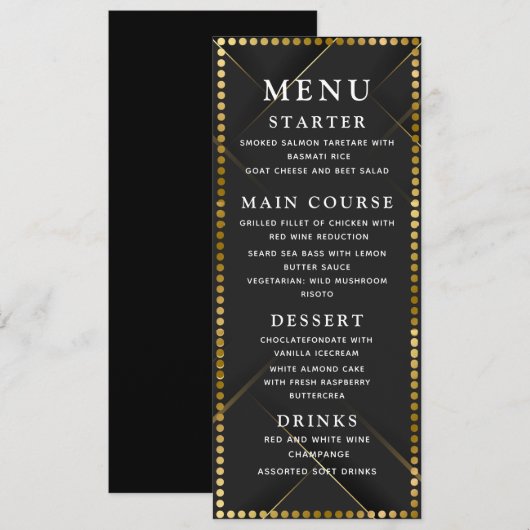 Delicate Gold and Black Wedding Dinner Menu (Voorkant / Achterkant)