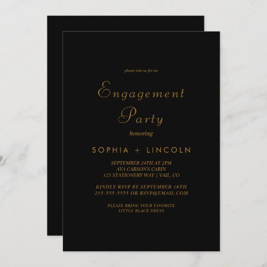 Delicate Gold Calligraphy Black Engagement Party Kaart (Voorkant / Achterkant)