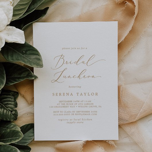 Delicate Gold Calligraphy Bridal Luncheon Kaart