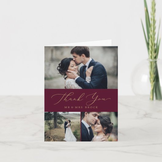 Delicate Gold Calligraphy Burgundy 3 Photo Collage Bedankkaart (Voorkant)