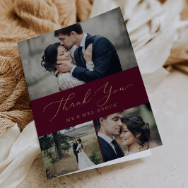 Delicate Gold Calligraphy Burgundy 3 Photo Collage Bedankkaart