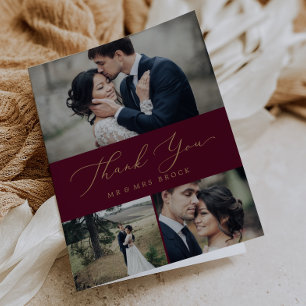 Delicate Gold Calligraphy Burgundy 3 Photo Collage Bedankkaart