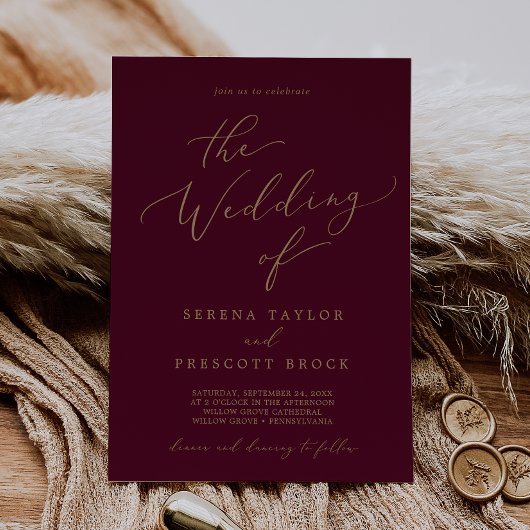 Delicate Gold Calligraphy Burgundy The Wedding of Kaart