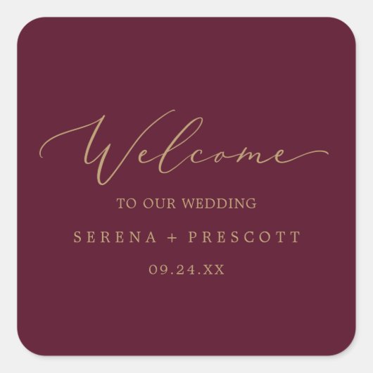 Delicate Gold Calligraphy Burgundy Wedding Welcome Vierkante Sticker (Voorkant)