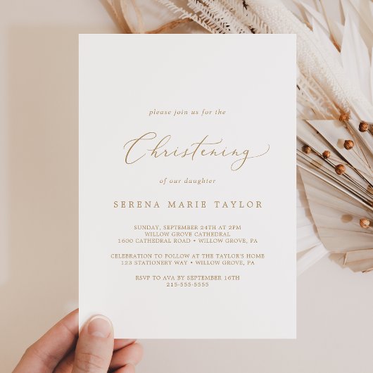 Delicate Gold Calligraphy Christening Kaart