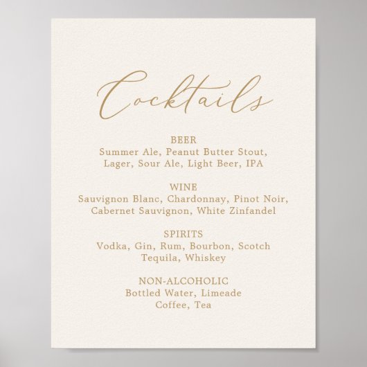 Delicate Gold Calligraphy Cream Cocktails Menu Poster (Voorkant)