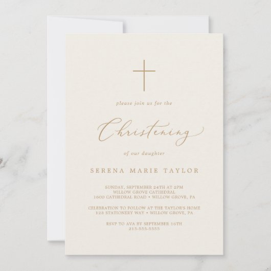 Delicate Gold Calligraphy Cream Cross Christening Kaart (Voorkant)