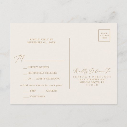 Delicate Gold Calligraphy Cream Menu RSVP Briefkaa (Achterkant)