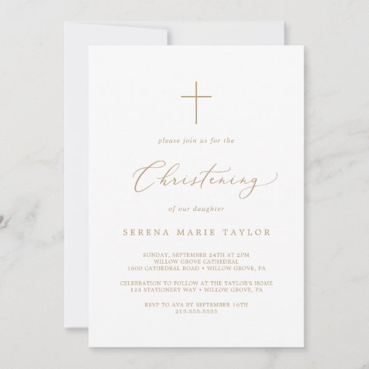 Delicate Gold Calligraphy Cross Christening Kaart (Voorkant)