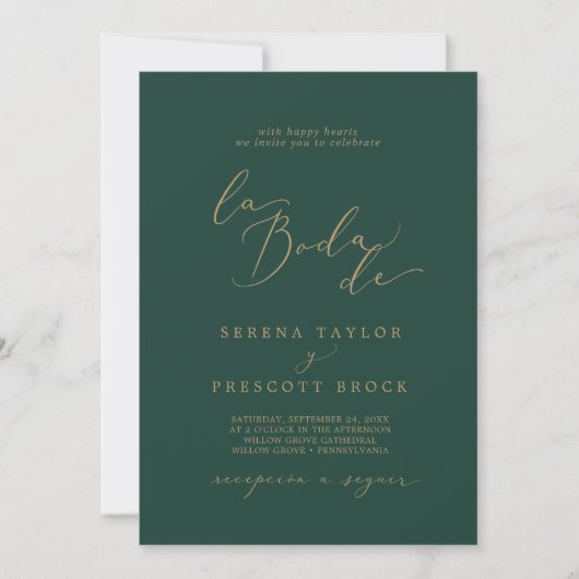 Delicate Gold Calligraphy Green La Boda de Wedding Kaart (Voorkant)