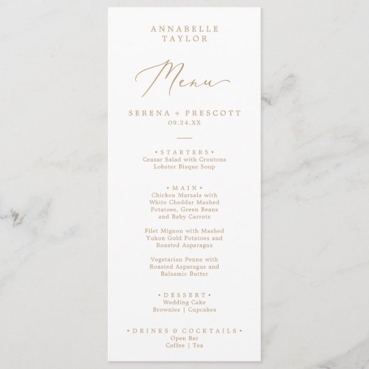 Delicate Gold Calligraphy Guest Name Wedding Menu (Voorkant)