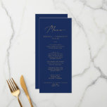 Delicate Gold Calligraphy Navy Wedding Dinner Menu<br><div class="desc">Deze delicate goudkalligrafie-marinemiddel is perfect voor een moderne bruiloft. Het romantische minimalistische ontwerp is voorzien van een mooie en elegante gouden gouden champagne op een blauw marinekleurig onderkomen met een schone en eenvoudige look. Dit menu kan voor een trouwreceptie, een repetitief diner, of om het even welke gebeurtenis worden gebruikt....</div>