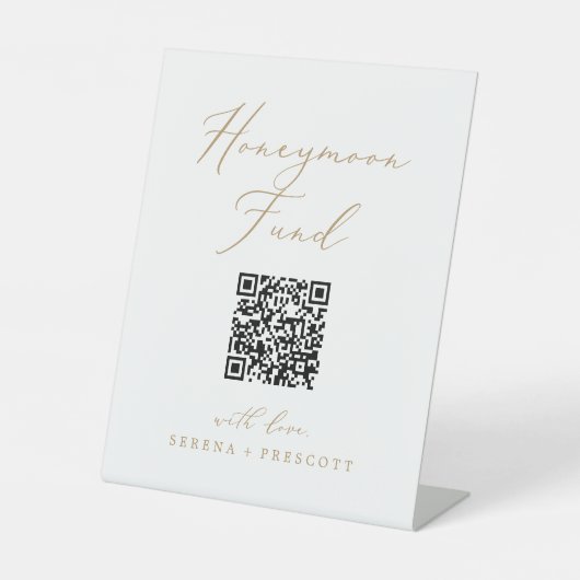 Delicate Gold Calligraphy QR Code Honeymoon Fund Reclamebord Met Voetstuk (Voorkant)