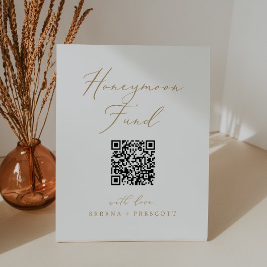 Delicate Gold Calligraphy QR Code Honeymoon Fund Reclamebord Met Voetstuk